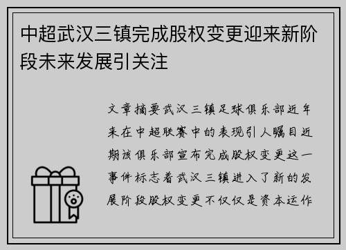 中超武汉三镇完成股权变更迎来新阶段未来发展引关注